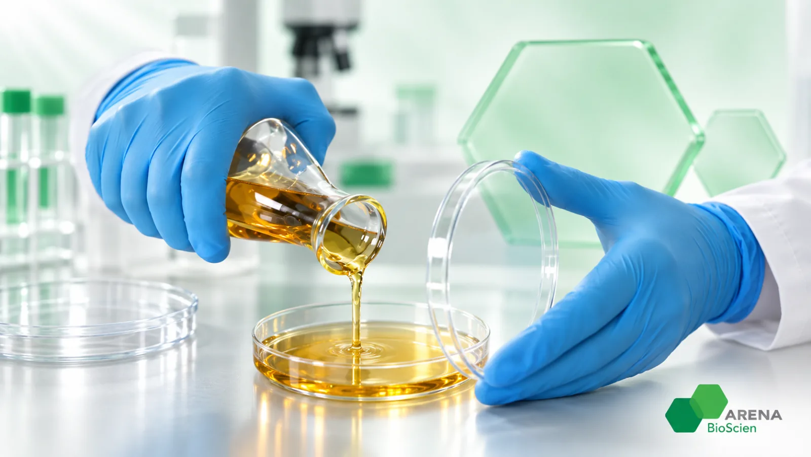 Gloved hands pouring culture medium into a petri dish