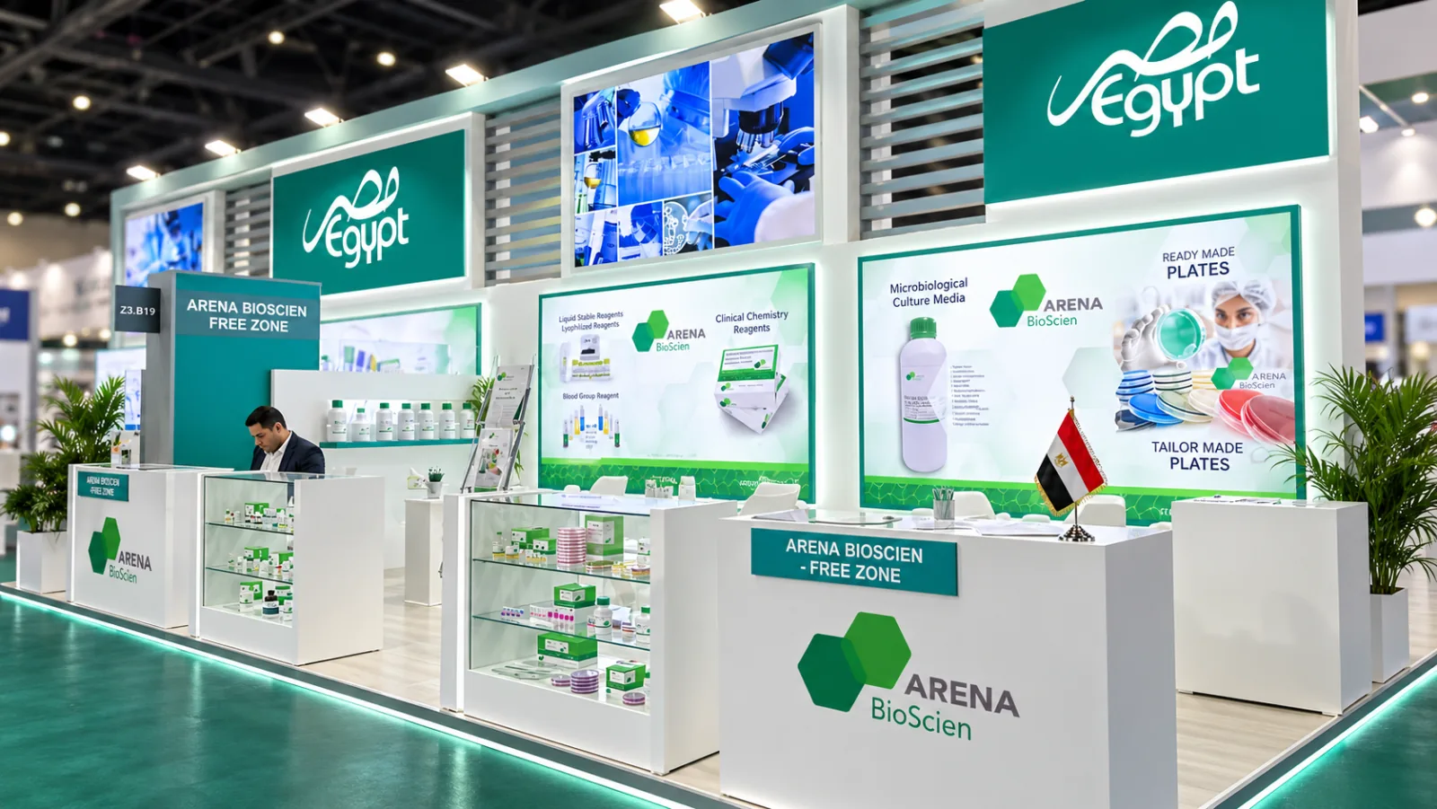 The Arena BioScien exhibition stand on the Egypt pavilion, with product display cabinets and range banners