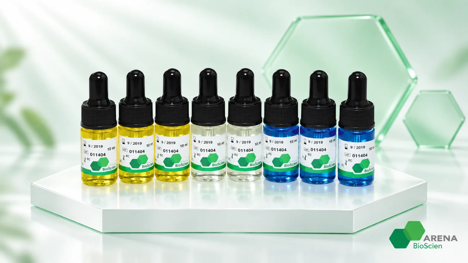 Row of dropper reagent bottles